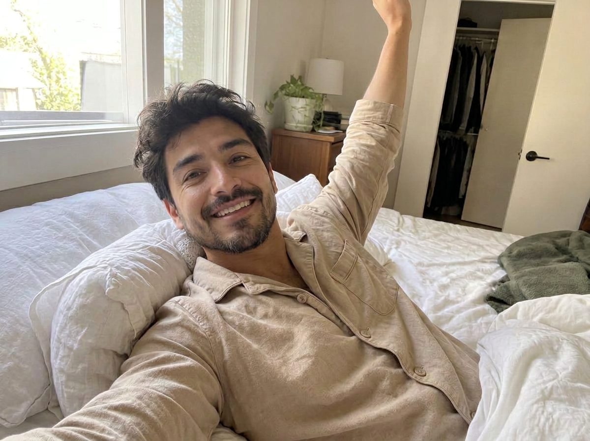 Hombre con pijama despertando renovado y sonriendo en su cama
