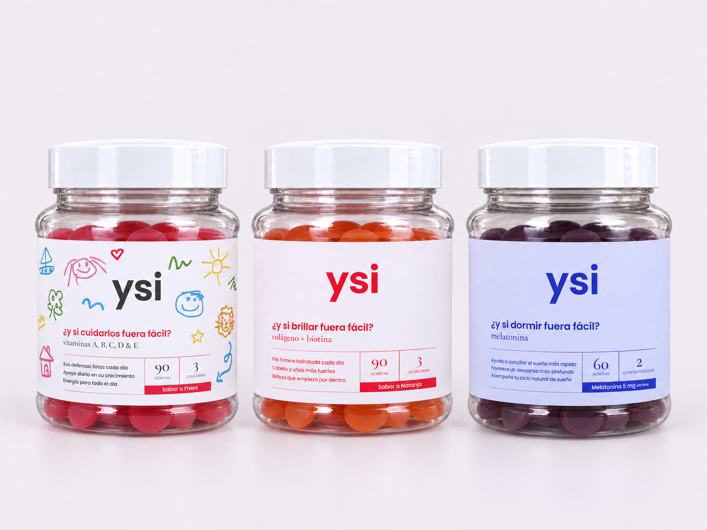Los tres frascos de YSI: melatonina, colágeno con biotina y multivitamínicos kids